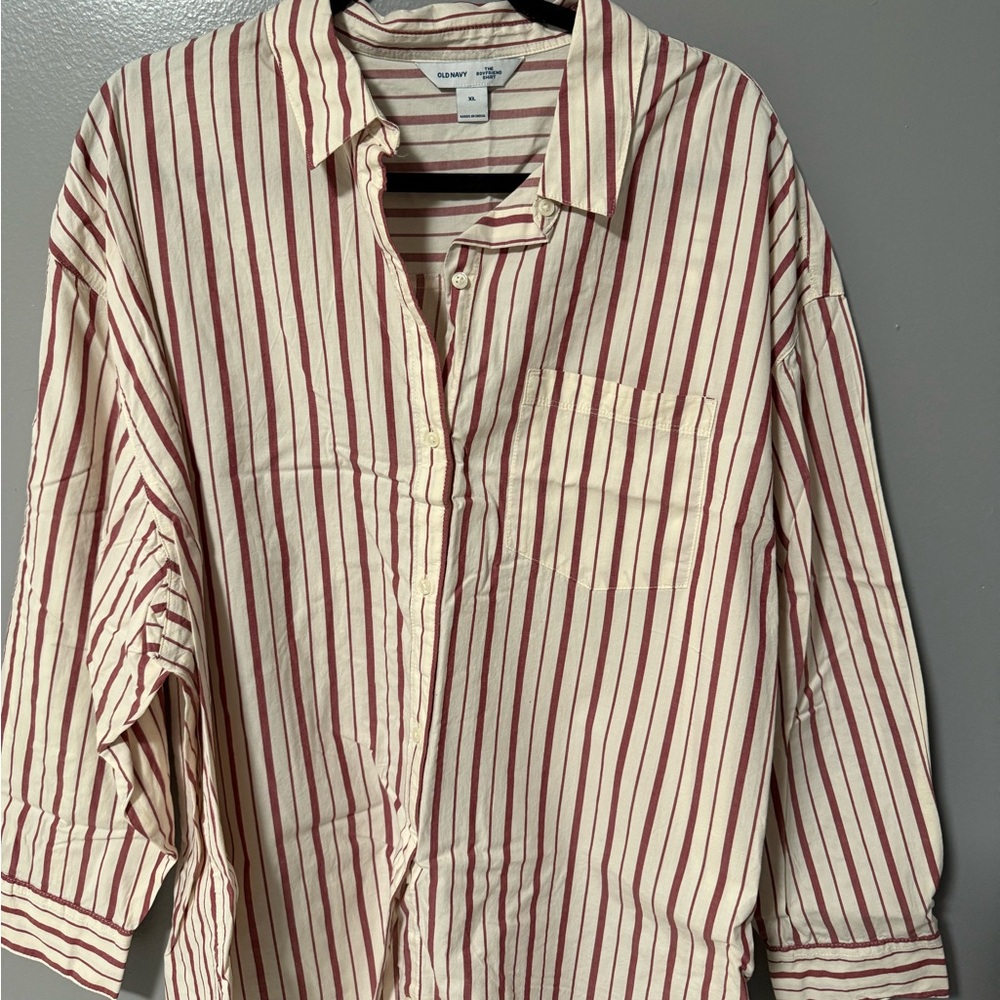 NWT Old Navy Women Cream & Red Stripe Button-Up Shirt